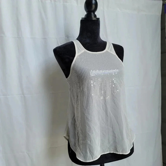American Eagle Womens Ivory Sequin Sleeveless Keyhole Flowy Blouse Top Button XS - Picture 8 of 10